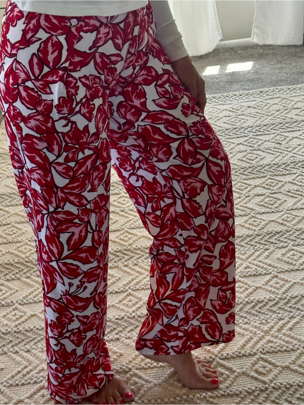Red Pink Floral Wide-Leg Pants - Lightweight Summer Style - Picture 2 of 16